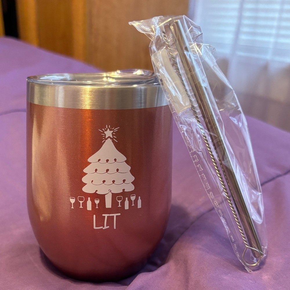 Christmas Themed, Rose Gold, 12 oz Stainless Steel Wine Insulated Tumbler